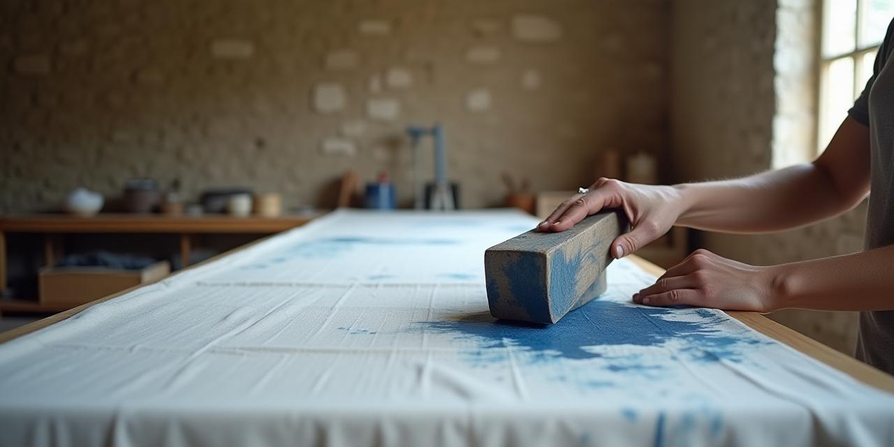 Collage of the manual block printing process on linen fabric