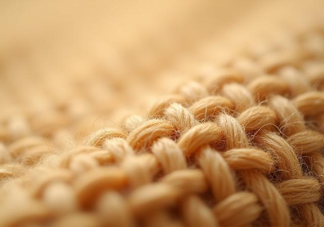 Close-up macro shot of heavy textured weave fabric in sand color